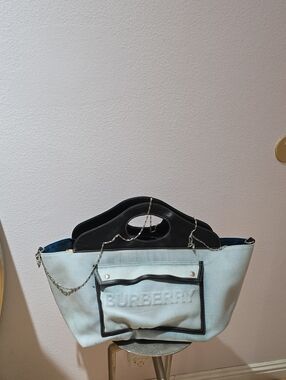 Burberry Light Blue Canvas Tote with Black Trim and Chain Strap Authentic